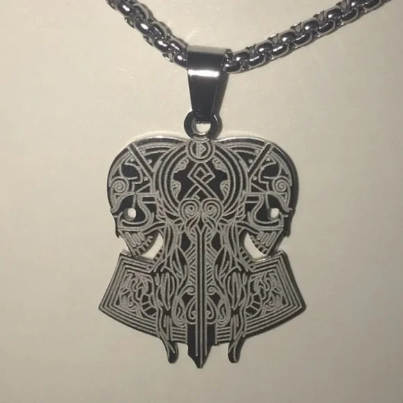 “Opposing Tribal Skulls” Native American Aztec Celtic Nordic Conjoined Necklace - Picture 5 of 13